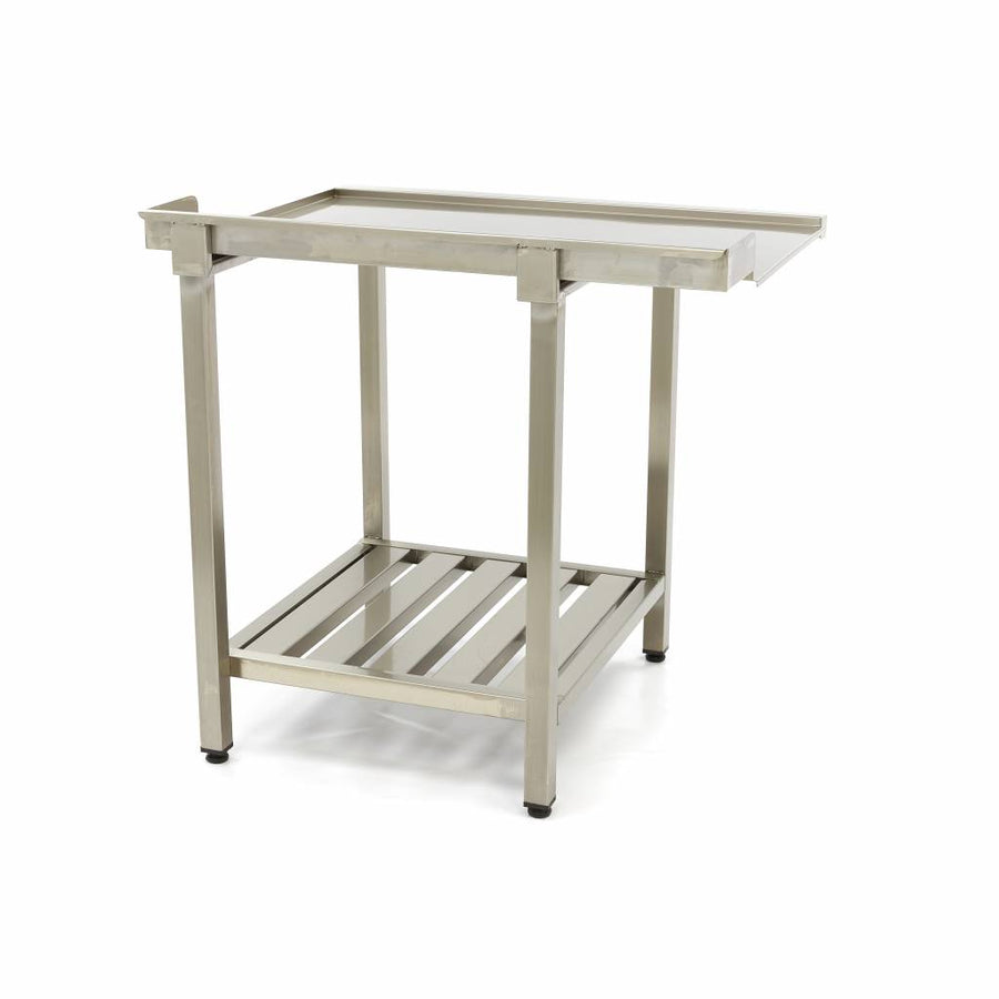 Table lave-vaisselle en inox Maxima, 120 x 75 cm, droite avec dosseret et étagère de rangement, vue de face.