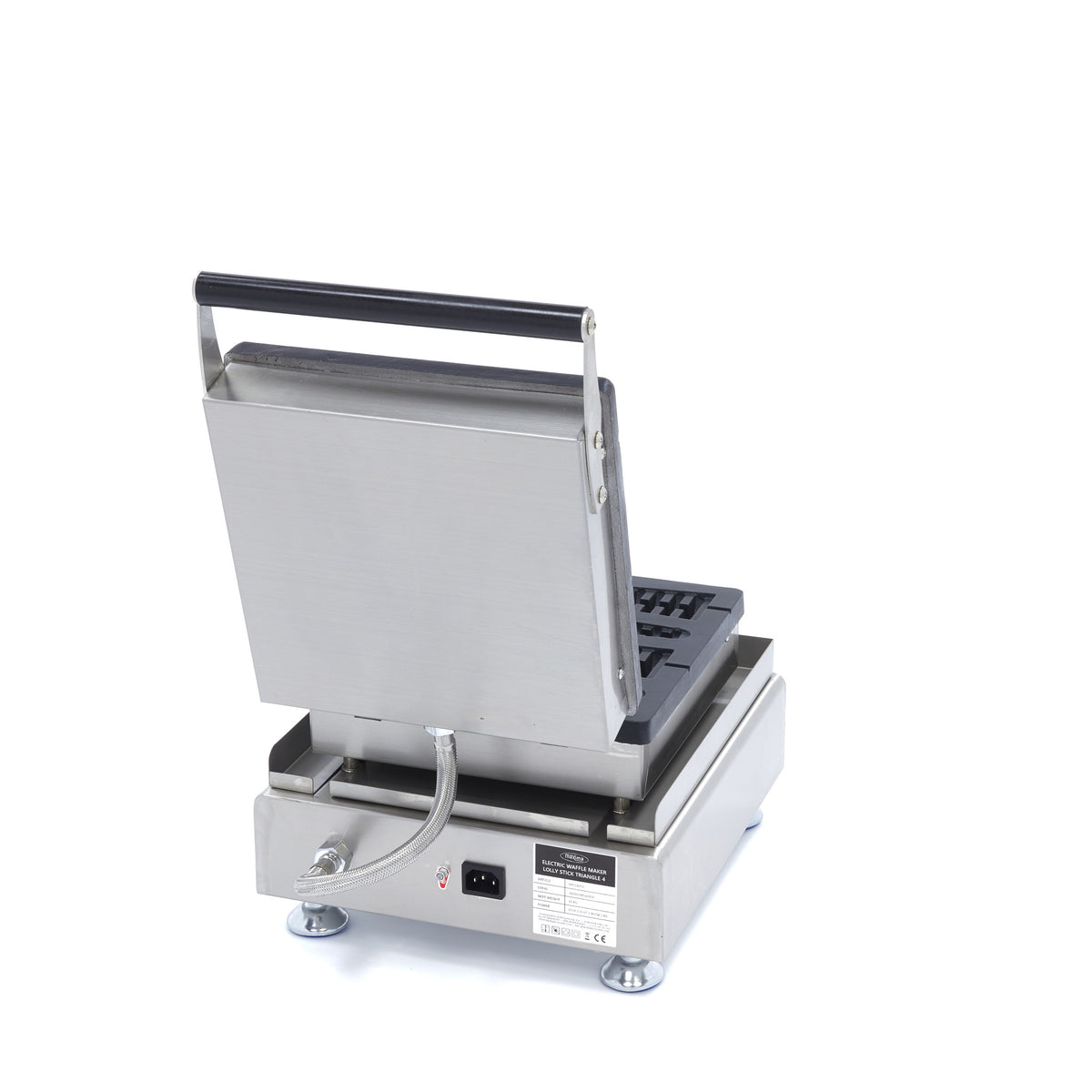 Gaufrier professionnel Maxima avec 4 sucettes sur bâtonnets, prêt à faire des gaufres pour enfants ou événements.