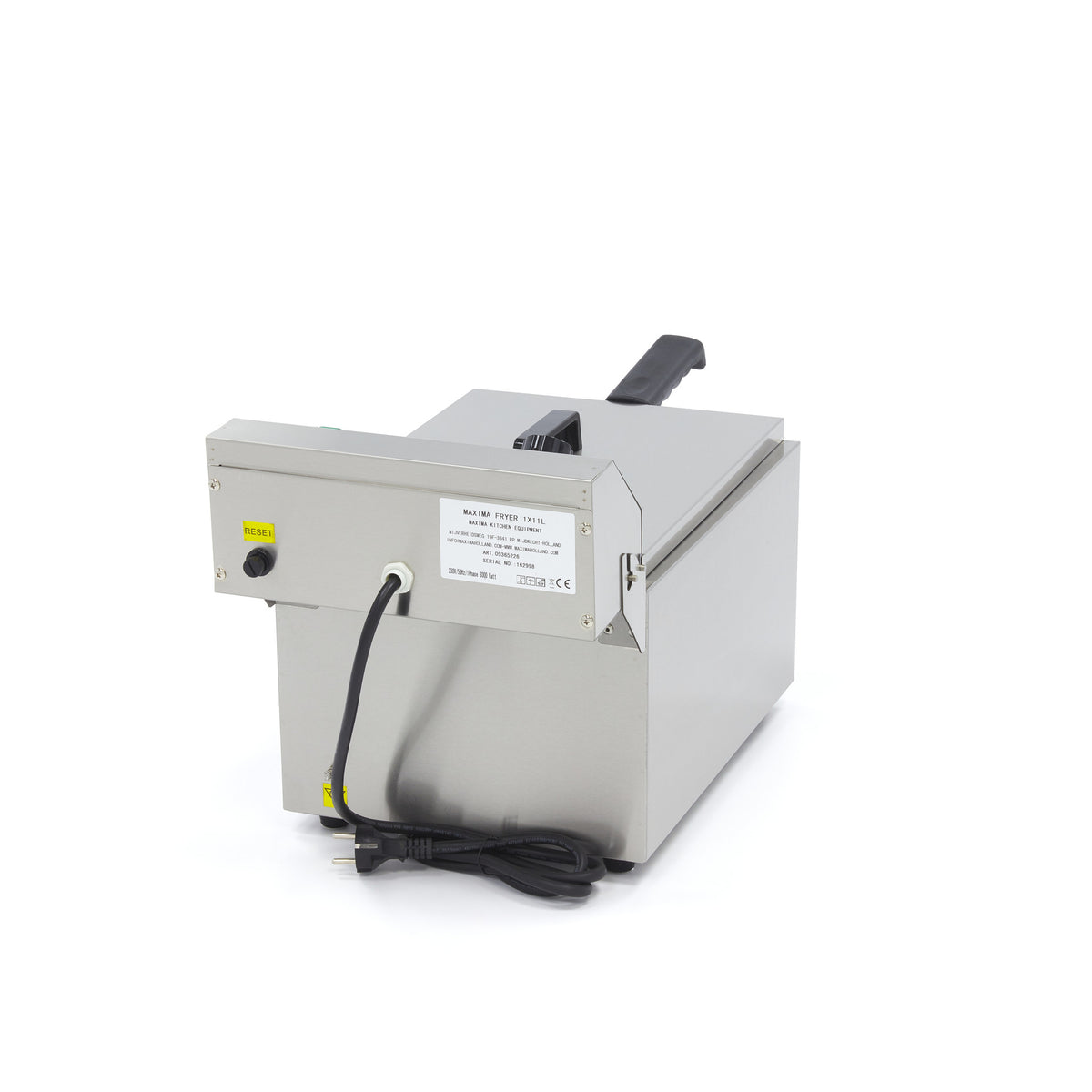 Friteuse Maxima de 11 L avec un panier, capacité jusqu'à 1,4 kg de frites, en acier inoxydable, vue de face.