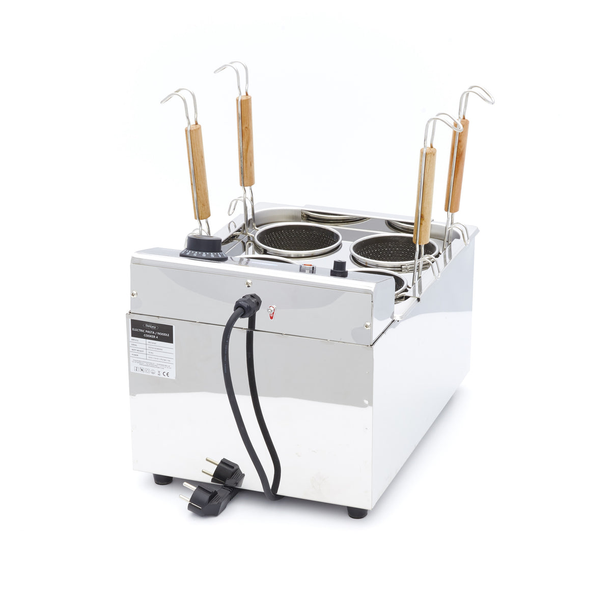 Cuiseur à pâtes Maxima avec 4 paniers en acier inoxydable, capacité de 2 L chacun, idéal pour cuisiner facilement des pâtes.