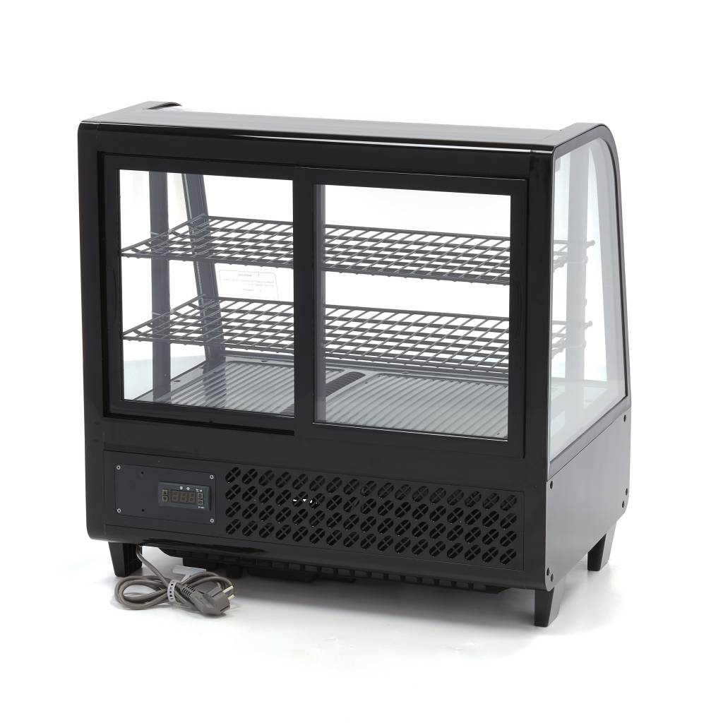 Vitrine à gâteaux réfrigérée Maxima, capacité 100 L, 68 cm, porte coulissante arrière, idéale pour la présentation de desserts