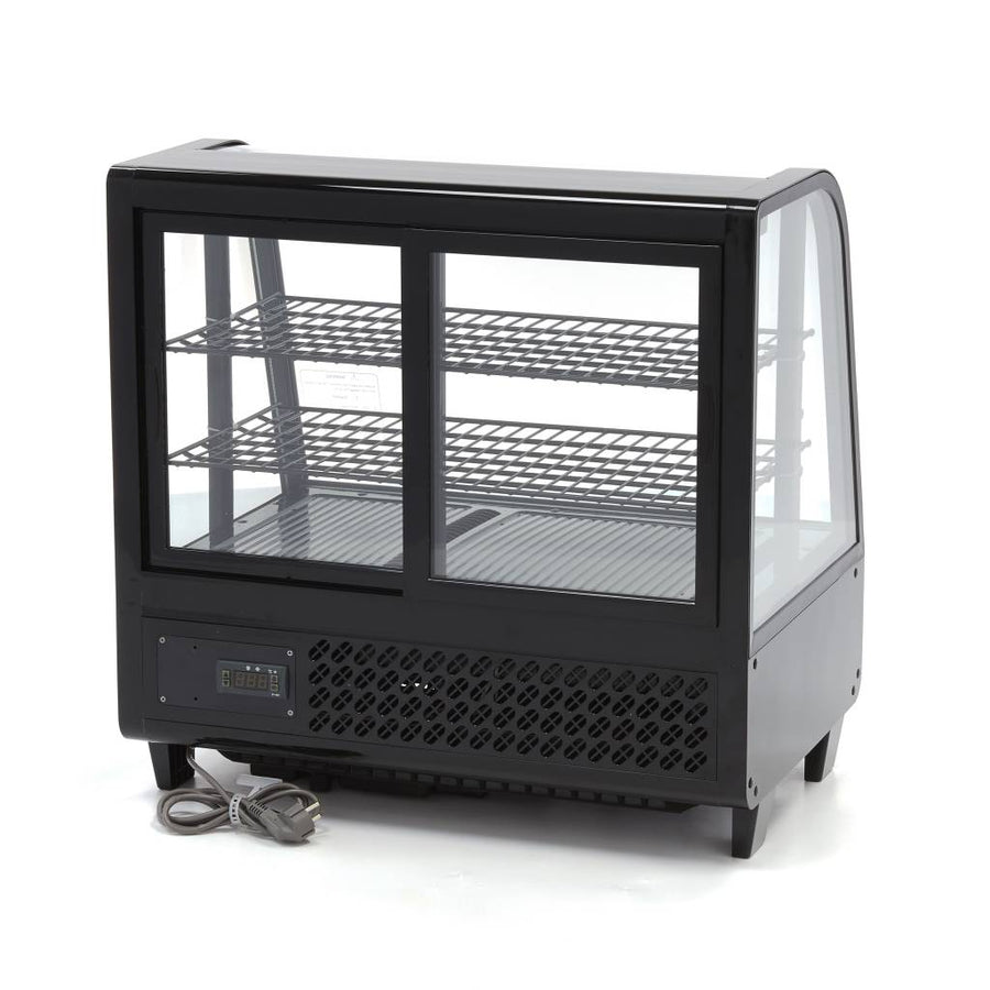 Vitrine à gâteaux réfrigérée Maxima de 100L, 68cm de large avec porte coulissante arrière, vitrine pour desserts et pâtisseries.