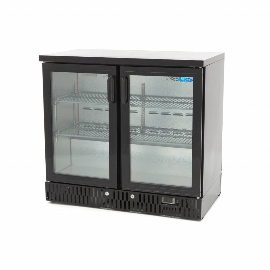 Réfrigérateur à boissons Maxima à 2 portes avec 4 étagères réglables, intérieur visible pour stockage et fraîcheur.