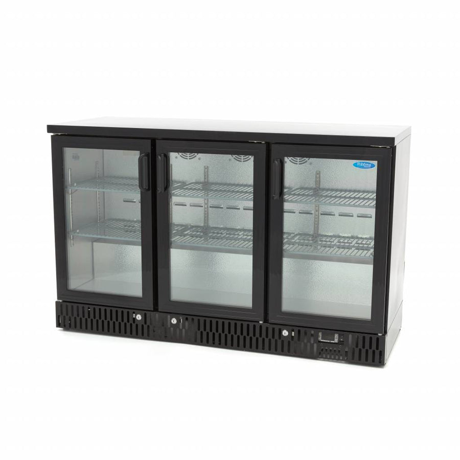 Réfrigérateur à boissons Maxima avec 3 portes battantes et 6 étagères réglables, intérieur visible avec boissons et espace de stockage