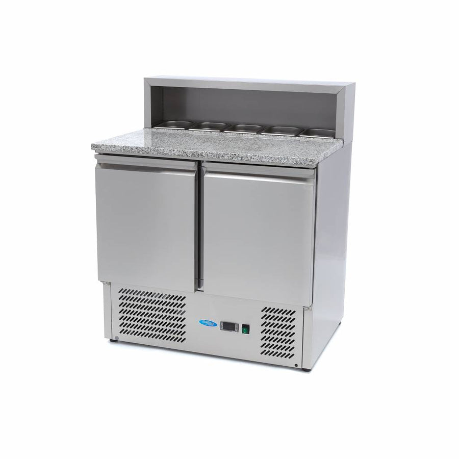Réfrigérateur saladette pizza Maxima, 90 cm, 2 portes, compatible 5 x 1/6 GN, avec couvercle en acier inoxydable.