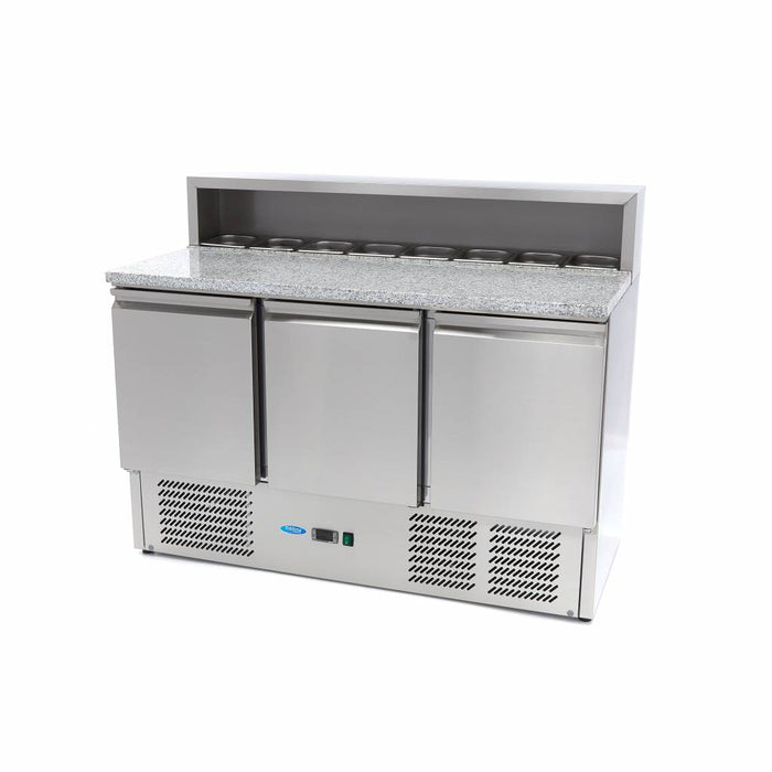 Saladette pizza Maxima de 137 cm avec 3 portes, capacité pour 8 x 1/6 GN, couvercle en acier inoxydable, réfrigérateur professionnel