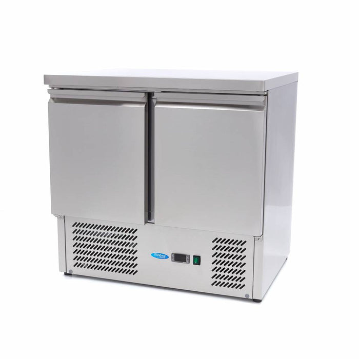 Réfrigérateur de comptoir Maxima de 90 cm avec deux portes, intérieur visible avec étagères en verre et compartiments de rangement