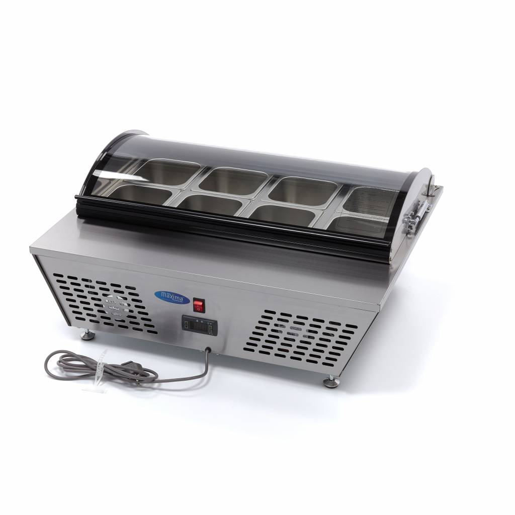 Saladette Maxima de 67 L avec 8 bacs 1/6 GN, table en acier inoxydable pour préparation de salades.