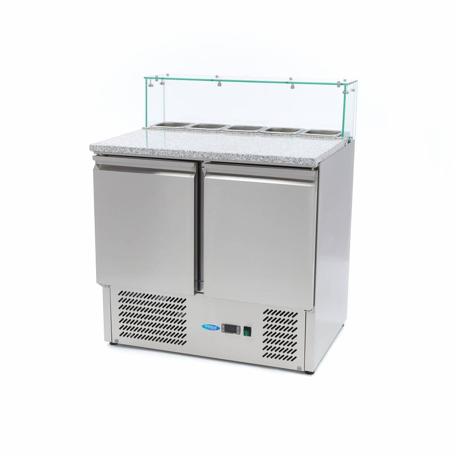 Saladette pizza Maxima, réfrigérateur pour la préparation des pizzas, 90 cm, 2 portes, adaptable à 5 x 1/6 GN, couvercle en verre