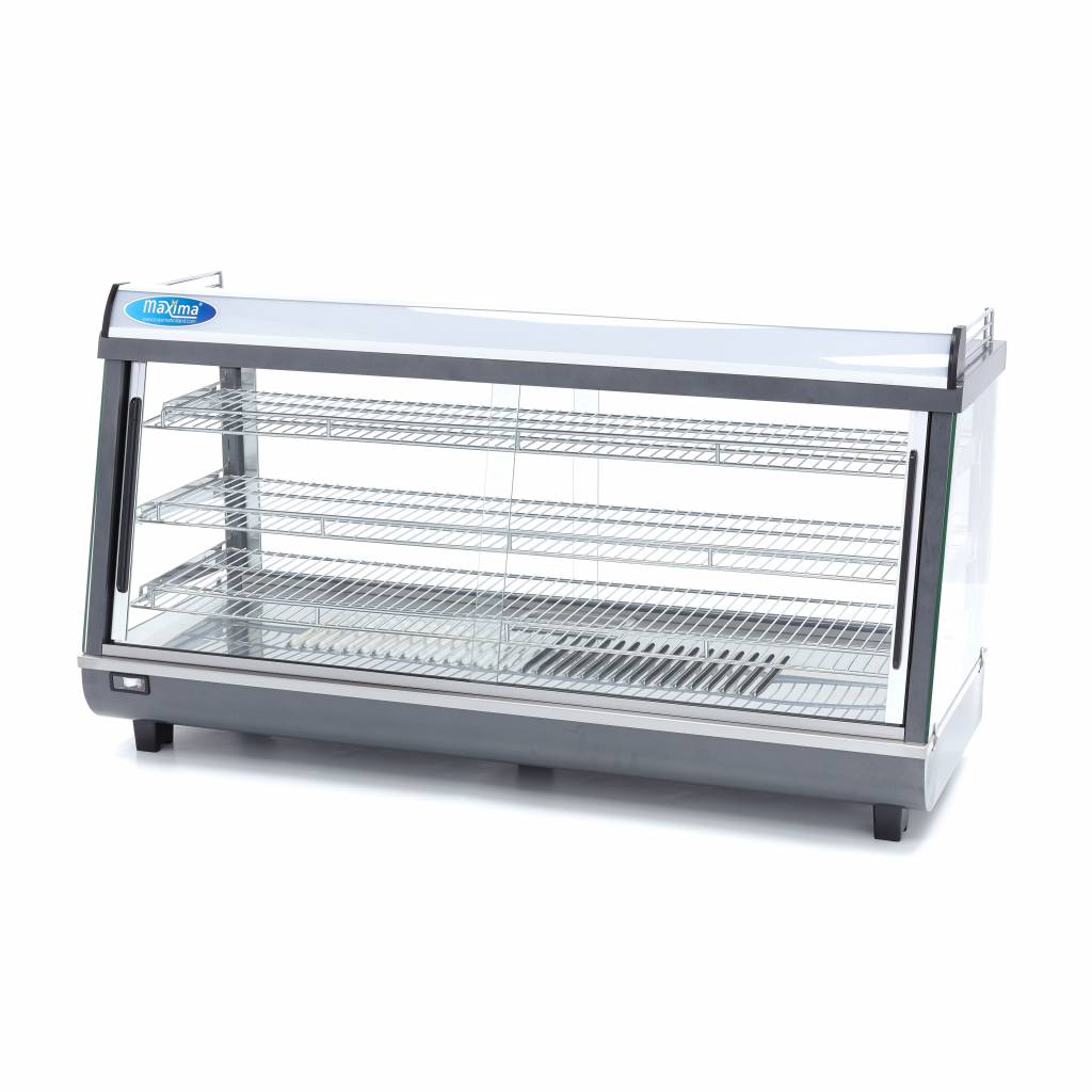 Vitrine chaude MAXIMA de 186 L avec 3 étagères en verre, longueur de 121,5 cm, idéale pour la présentation d'aliments.