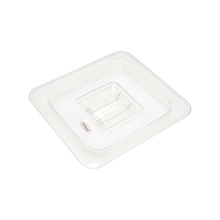 Couvercle gastronorm 1/6 GN en polycarbonate de la marque Maxima, pour bacs gastronormes, visible en position fermée.