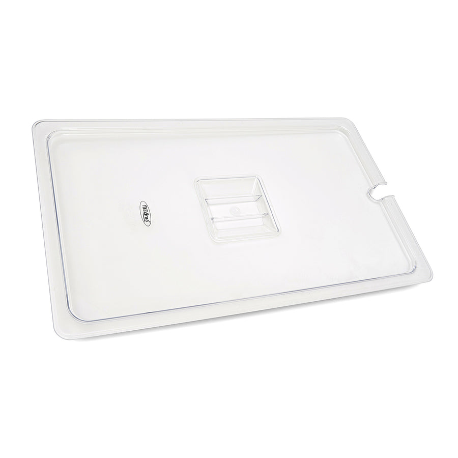 Couvercle gastronorm 1/1 GN en polycarbonate Maxima avec ouverture pour cuillère, adapté pour bacs gastronormes.