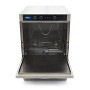Lave-vaisselle professionnel frontal Maxima sous plan 40x40 cm avec pompes de vidange, rinçage et savon, 230V, vue de l'avant