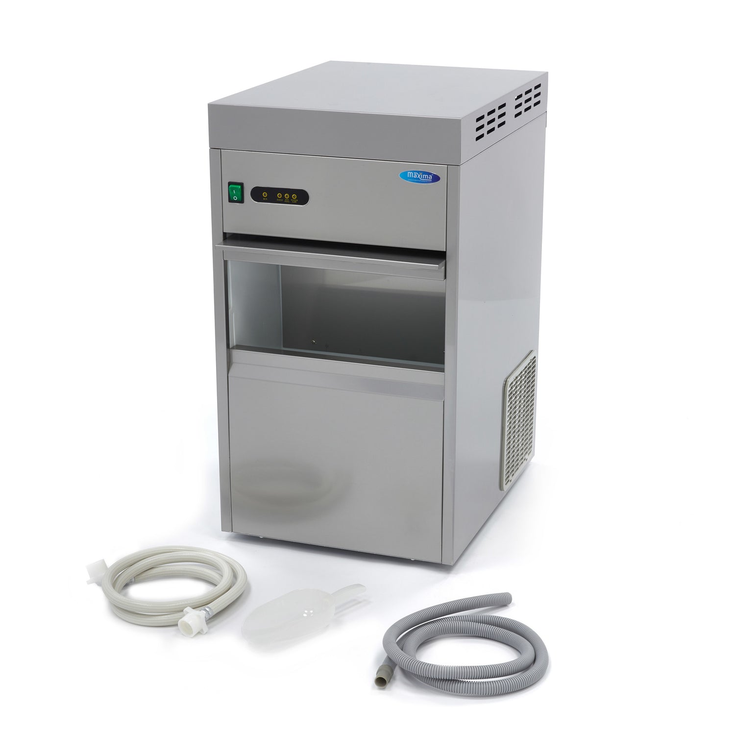 Machine à glaçons Maxima, 50 kg/jour, glaçons broyés et floconnés, refroidissement par eau, image montrant la machine en fonctionnement