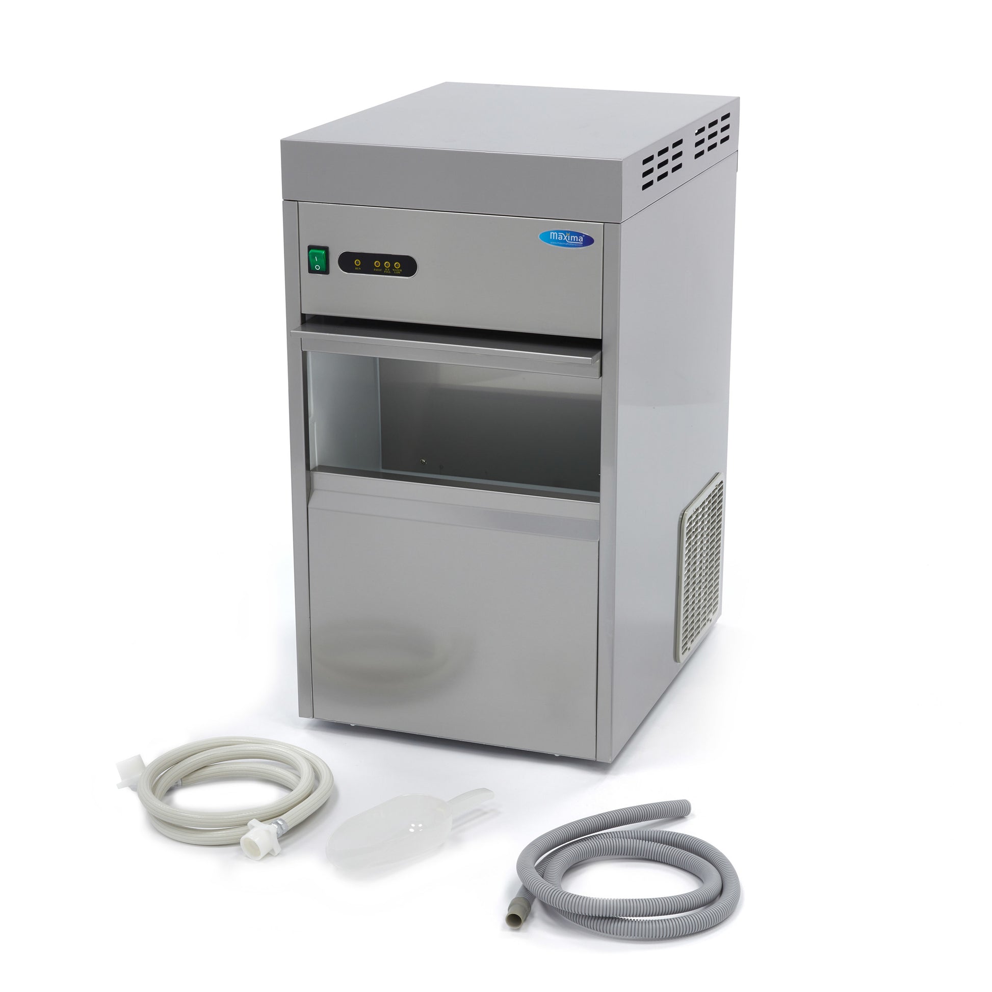 Machine à glaçons Maxima, 50 kg/jour, glaçons broyés et floconnés, refroidissement par eau, image montrant la machine en fonctionnement