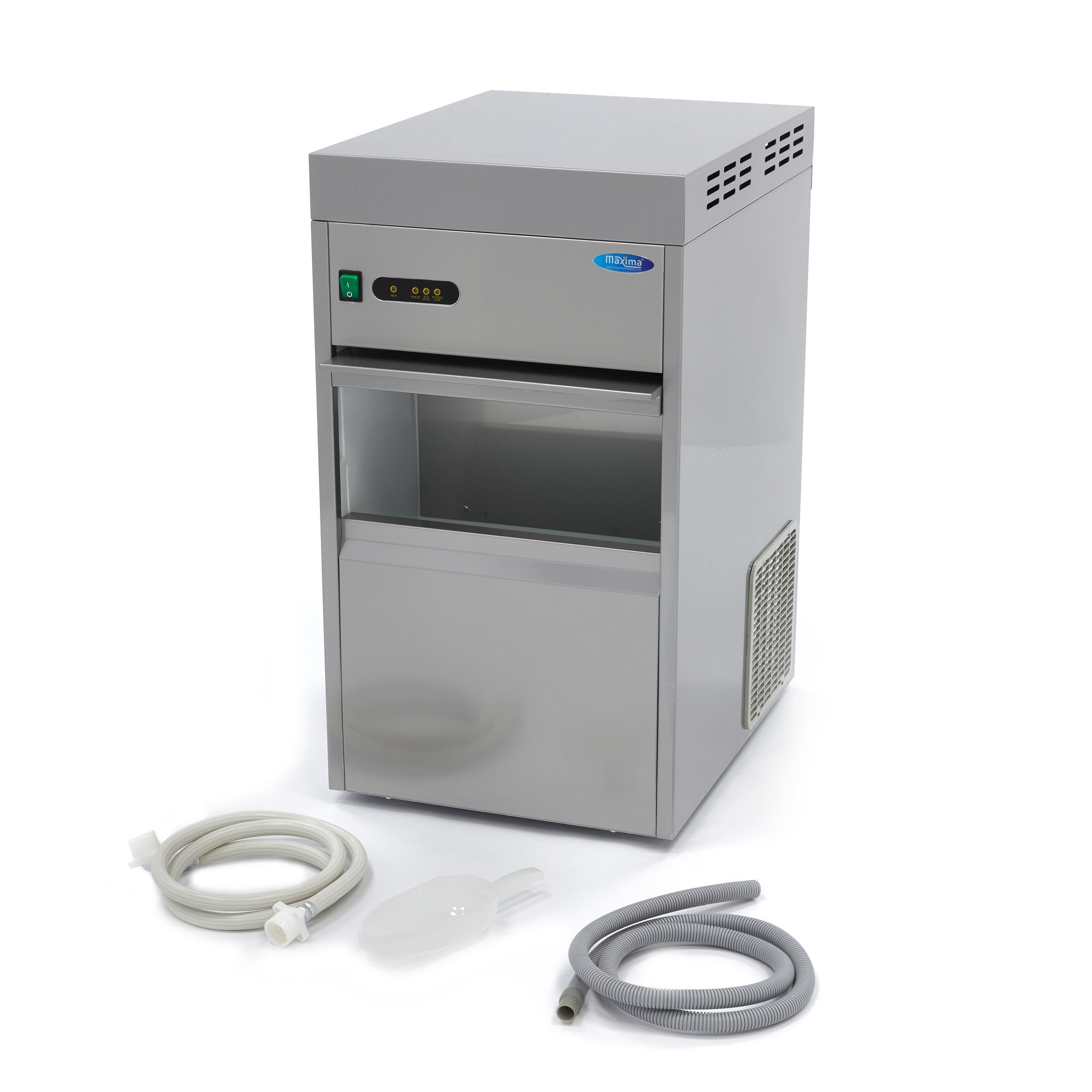 Machine à glaçons Maxima, 50 kg/jour, glaçons broyés et floconnés, refroidissement par eau, image montrant la machine en fonctionnement