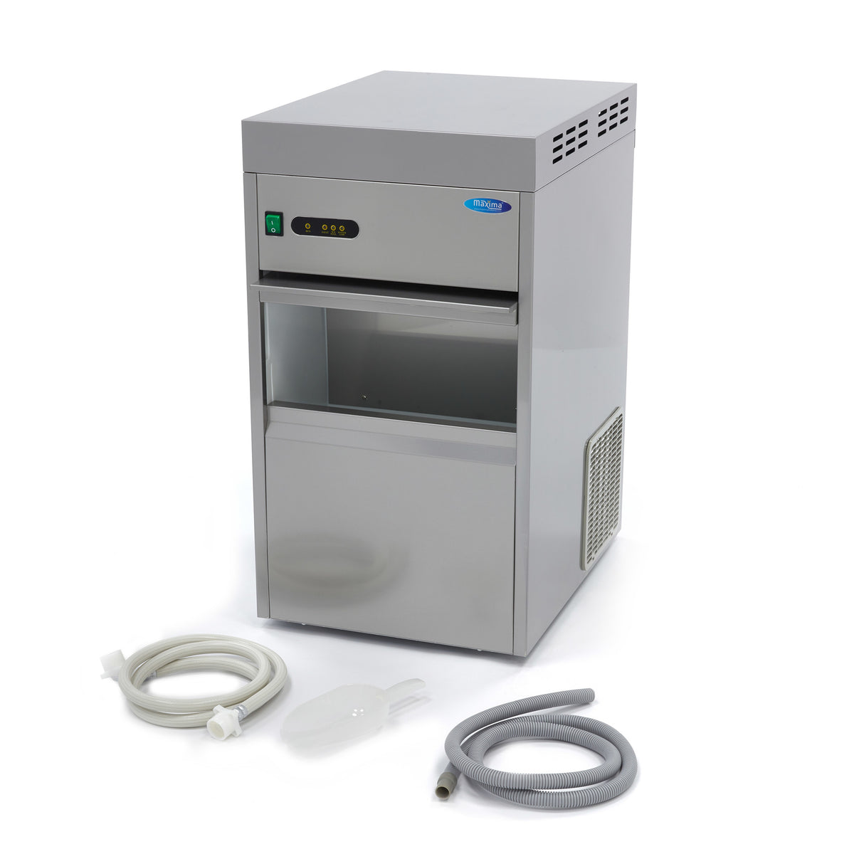 Machine à glaçons Maxima, 50 kg/jour, glaçons broyés ou floconnés, refroidissement par eau, en fonctionnement.