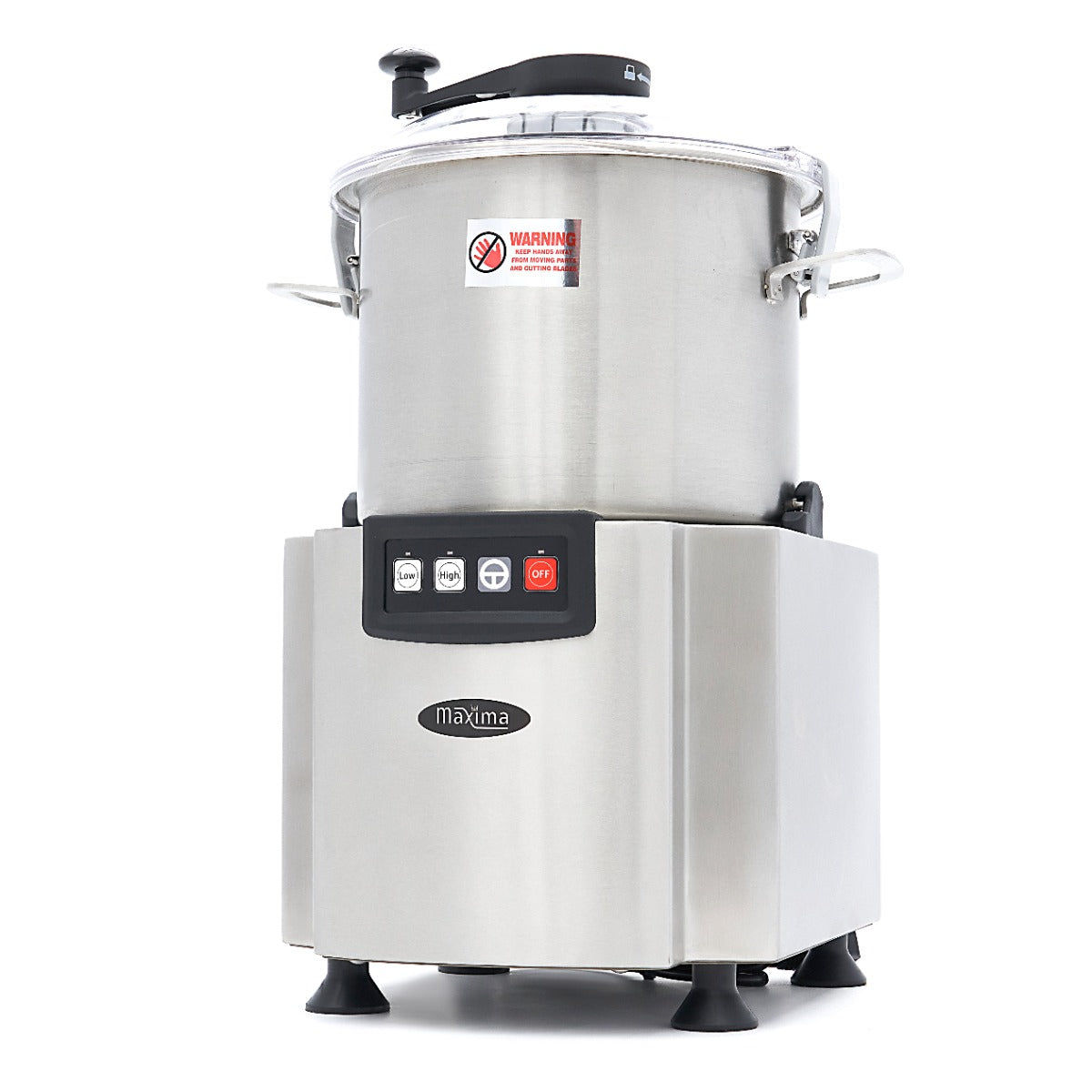 Robot culinaire Maxima de 12 L avec bol en acier inoxydable et accessoires pour la préparation de repas.