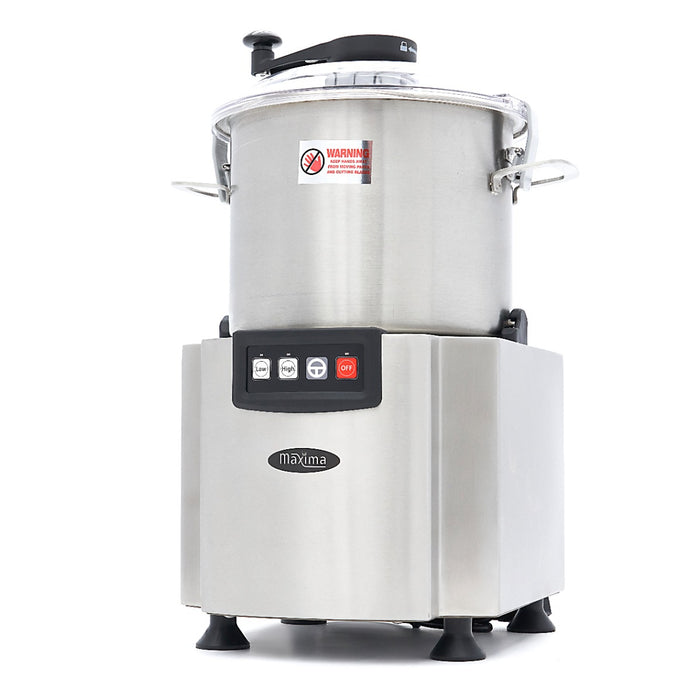 Robot culinaire Maxima de 12 L avec bol en acier inoxydable et accessoires pour la préparation de repas.