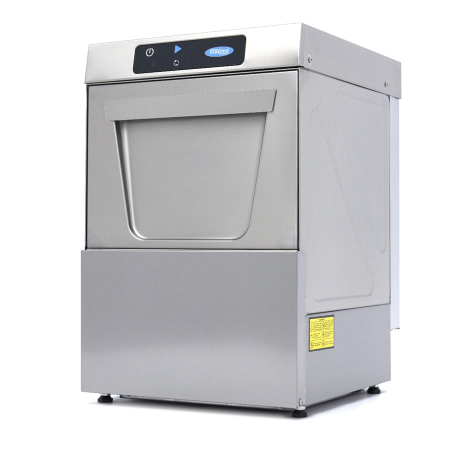 Lave-verre professionnel Maxima 35x35cm avec pompe de rinçage et affichage numérique, 230V, pour usage professionnel.
