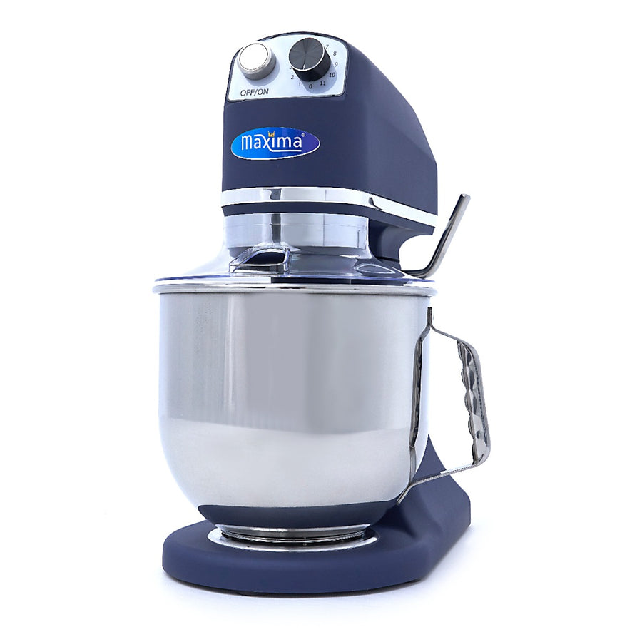 Mélangeur planétaire Maxima bleu acier mat, bol de 7 L, idéal pour jusqu'à 2 kg de pâte, vue en gros plan.