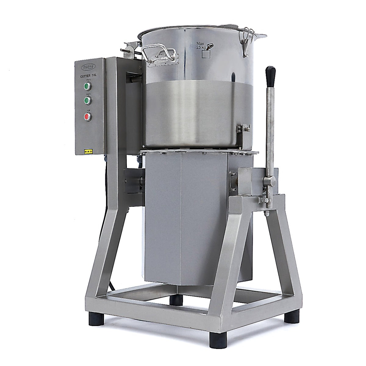Robot de cuisine Maxima de 70 L avec bol en acier inoxydable et accessoires, idéal pour préparer de grands repas.