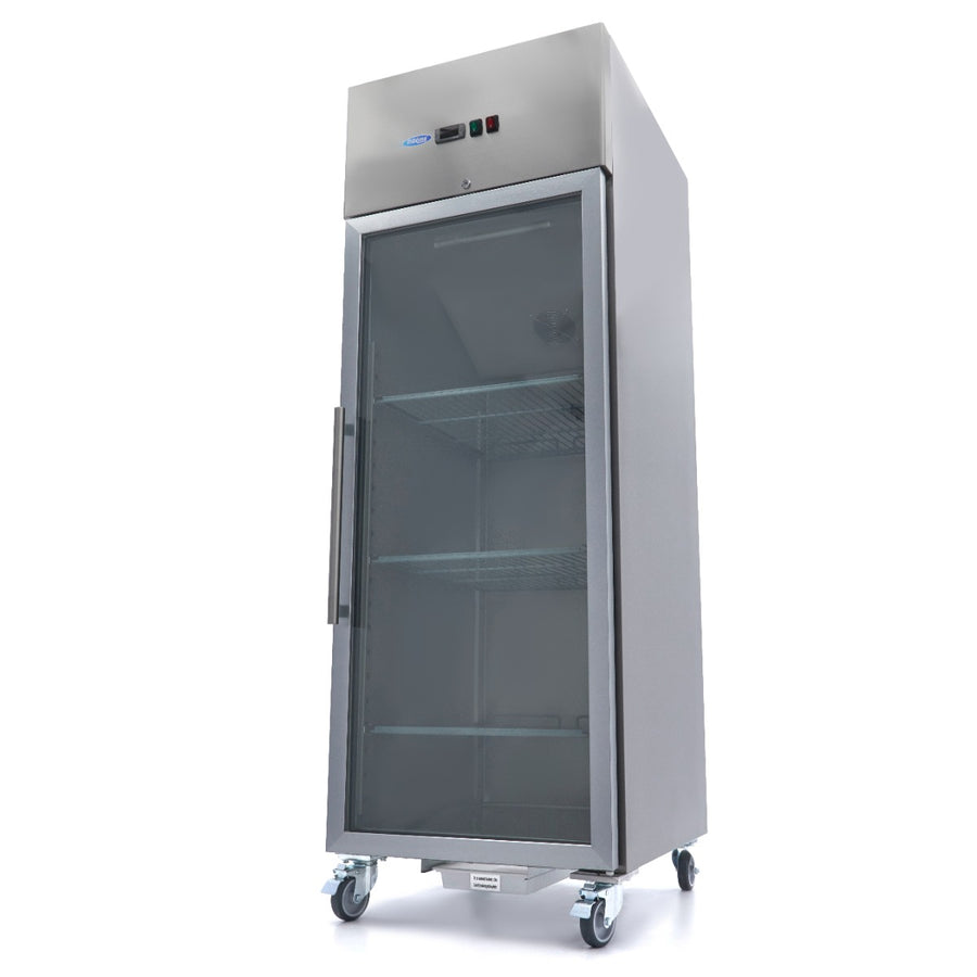 Réfrigérateur Maxima en acier inoxydable de 600 L avec porte en verre et 3 étagères réglables, capacité 2/1 GN.