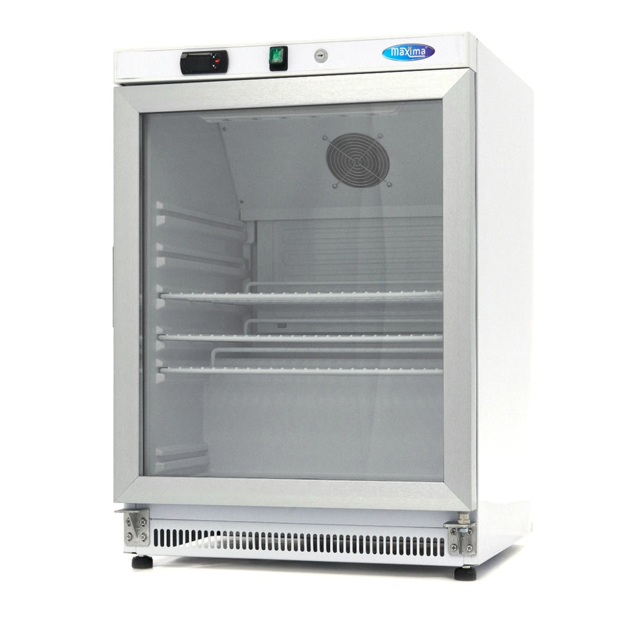 Réfrigérateur Maxima 200 L blanc avec porte en verre, intérieur visible avec étagères et compartiments.