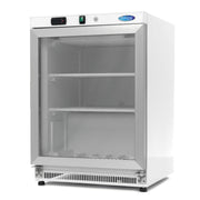 Congélateur de table Maxima blanc de 200 L avec porte en verre, compact et pratique pour la conservation des aliments.