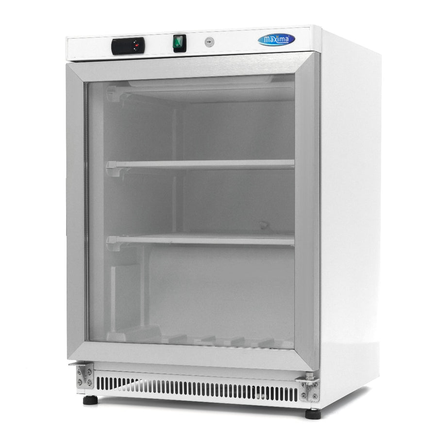 Congélateur de table Maxima blanc de 200 L avec porte en verre, compact et pratique pour la conservation des aliments.