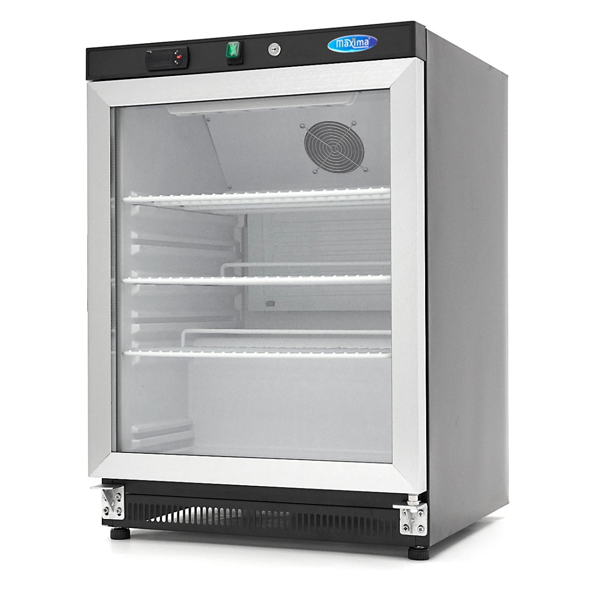 Réfrigérateur Maxima noir de 200 L avec porte en verre, intérieur visible, adapté pour la cuisine moderne.