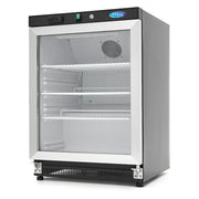 Réfrigérateur Maxima noir de 200 L avec porte en verre, intérieur visible, adapté pour la cuisine moderne.