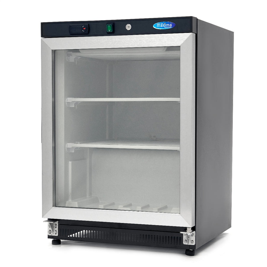 Congélateur de table Maxima 200 L noir avec porte en verre, compact et pratique pour la conservation des aliments.