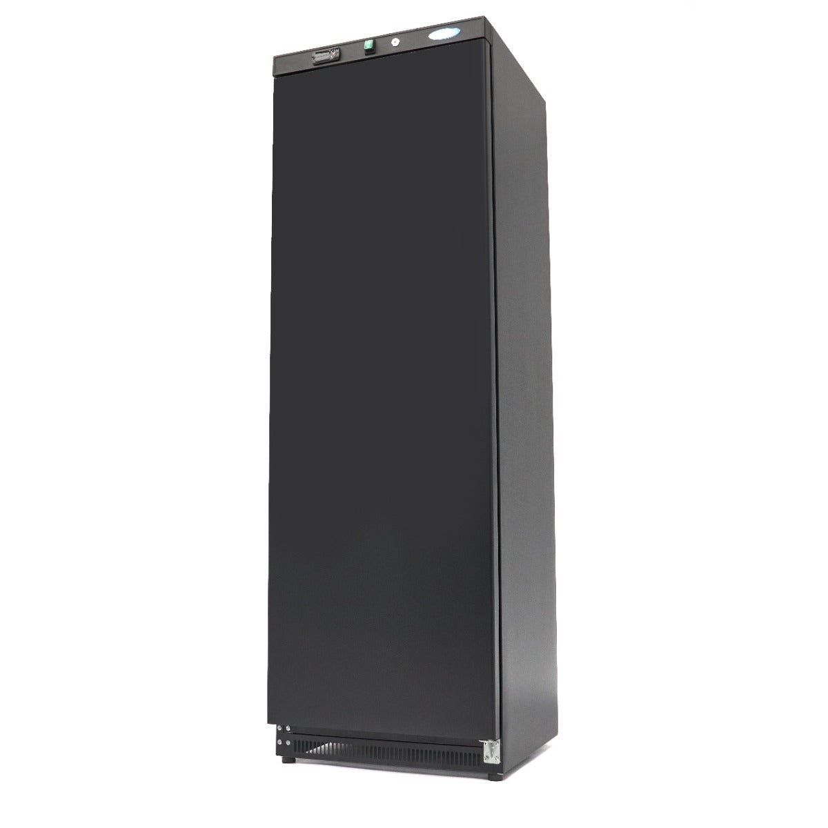 Réfrigérateur Maxima noir de 400 L avec 4 étagères réglables, intérieur spacieux et moderne, vue de face.