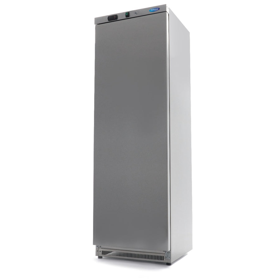 Réfrigérateur Maxima en acier inoxydable de 400 L avec 4 étagères réglables, intérieur visible, design moderne.