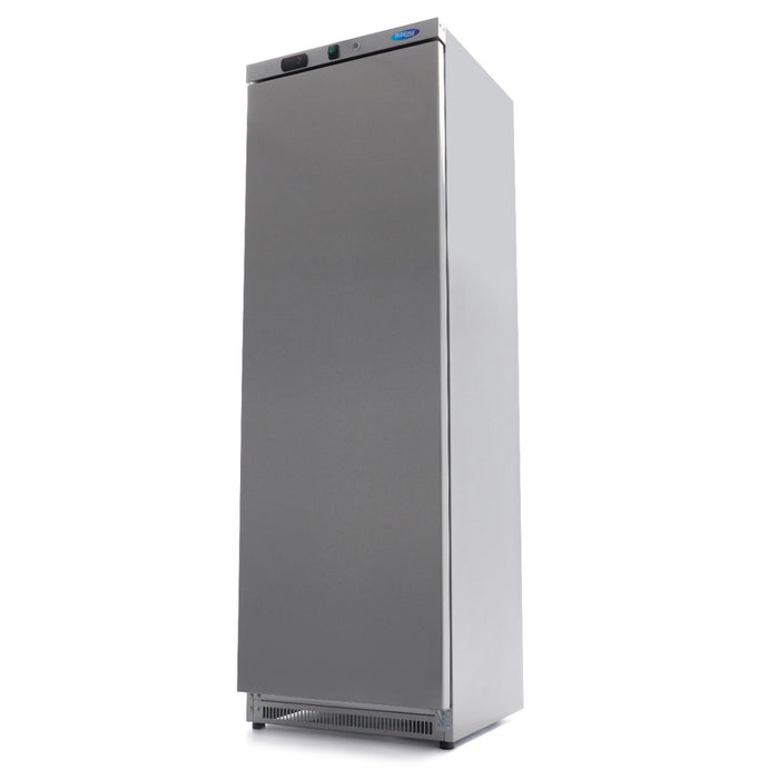 Congélateur professionnel Maxima de 400 L en acier inoxydable avec 6 étagères fixes, visible intérieur et extérieur robustes.