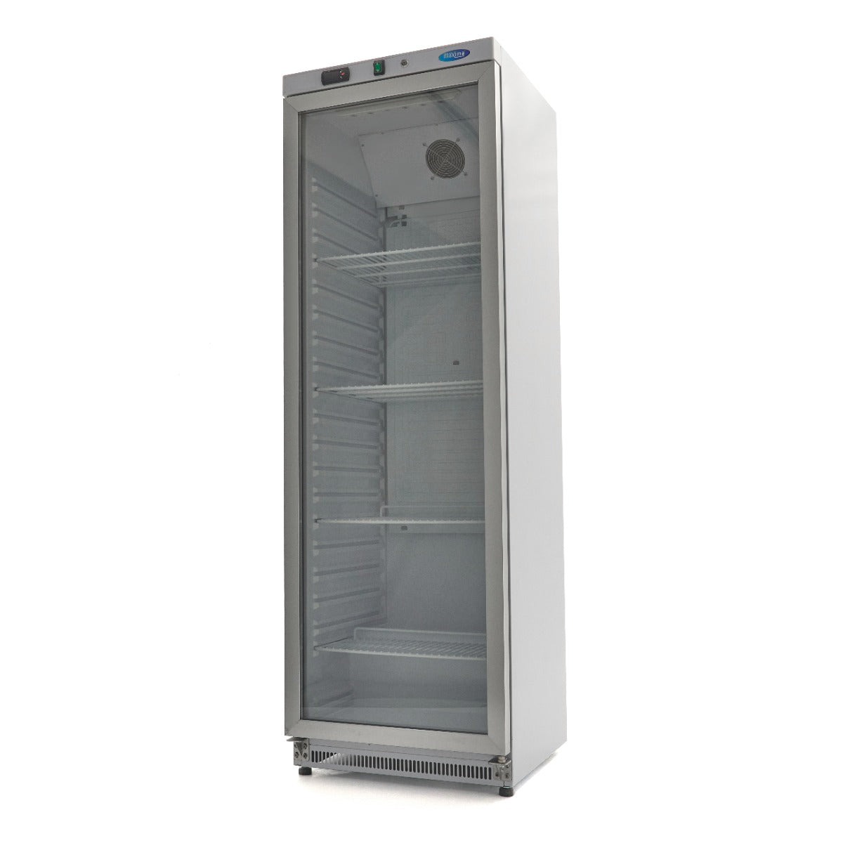 Réfrigérateur Maxima blanc de 400 L avec porte en verre, intérieur visible avec étagères et compartiments.