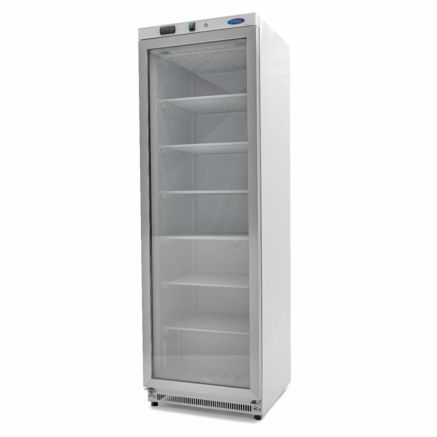 Congélateur Maxima blanc de 400 L avec porte en verre, design moderne et espace de rangement pratique.