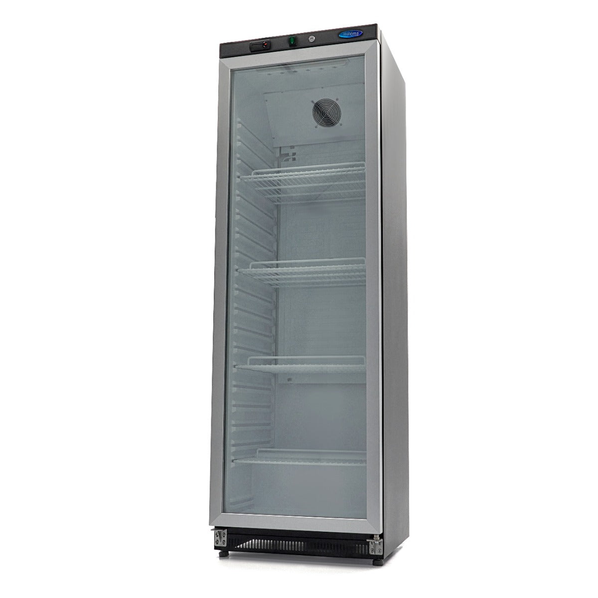 Réfrigérateur Maxima noir de 400 L avec porte en verre, affichant des étagères et un intérieur spacieux visible dans l'image.