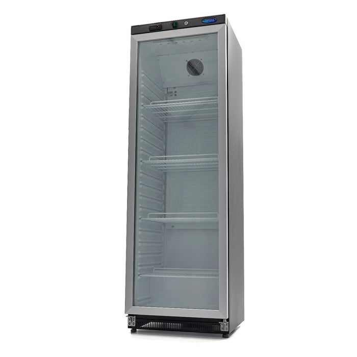 Réfrigérateur Maxima de 400 L noir avec porte en verre, espace de stockage spacieux et design moderne.