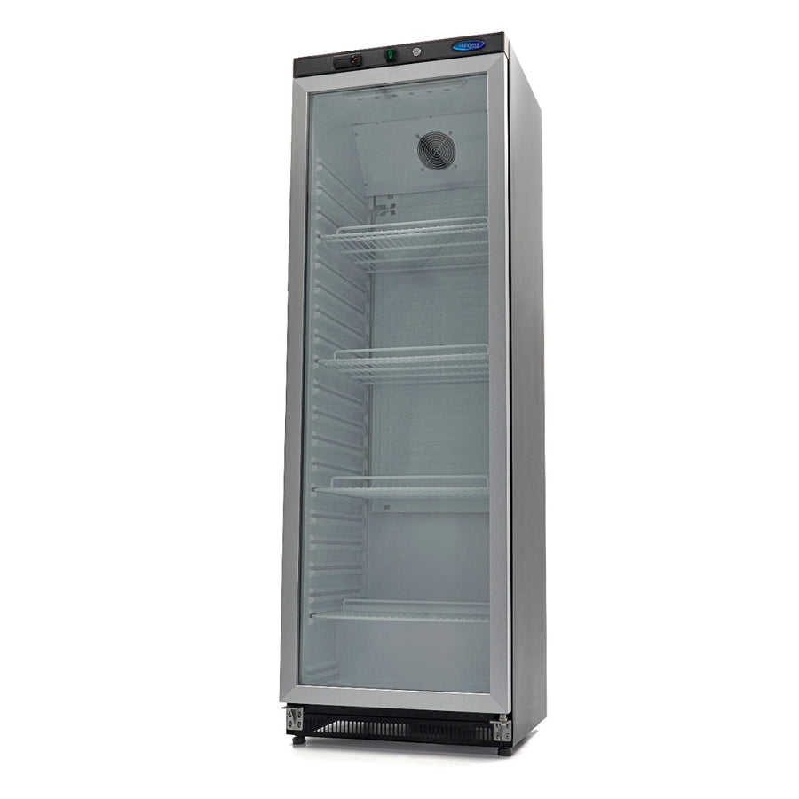 Réfrigérateur Maxima de 400 L noir avec porte en verre, espace de stockage spacieux et design moderne.