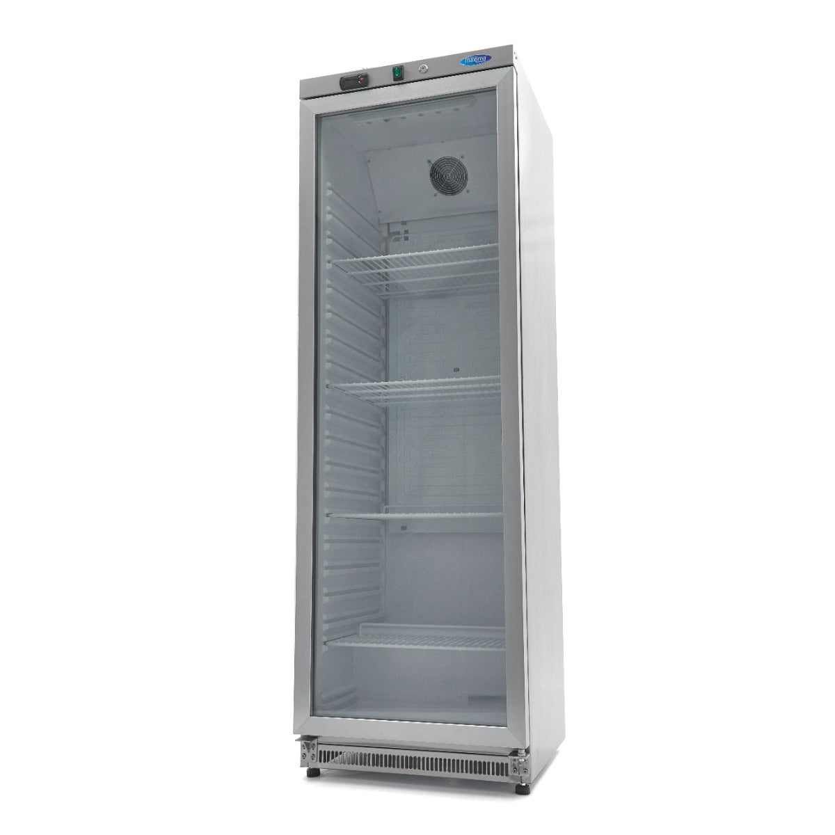 Réfrigérateur en acier inoxydable Maxima de 400 L avec porte en verre, design moderne et intérieur spacieux.