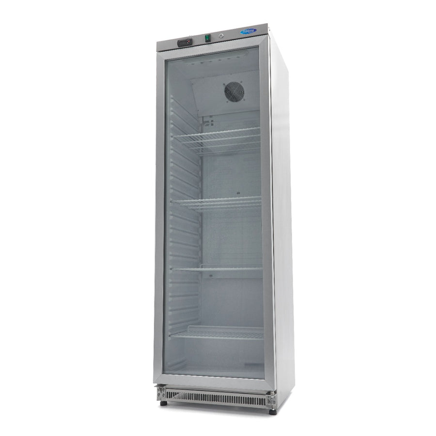 Réfrigérateur Maxima en acier inoxydable de 400 L avec porte en verre, intérieur visible, design moderne et élégant.