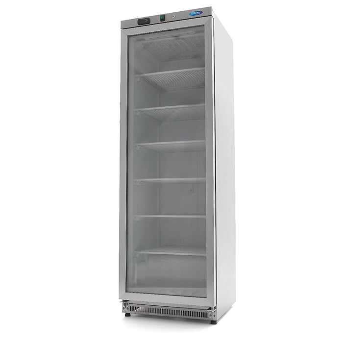 Congélateur professionnel Maxima de 400 L en acier inoxydable avec porte en verre, design moderne et espace de stockage.