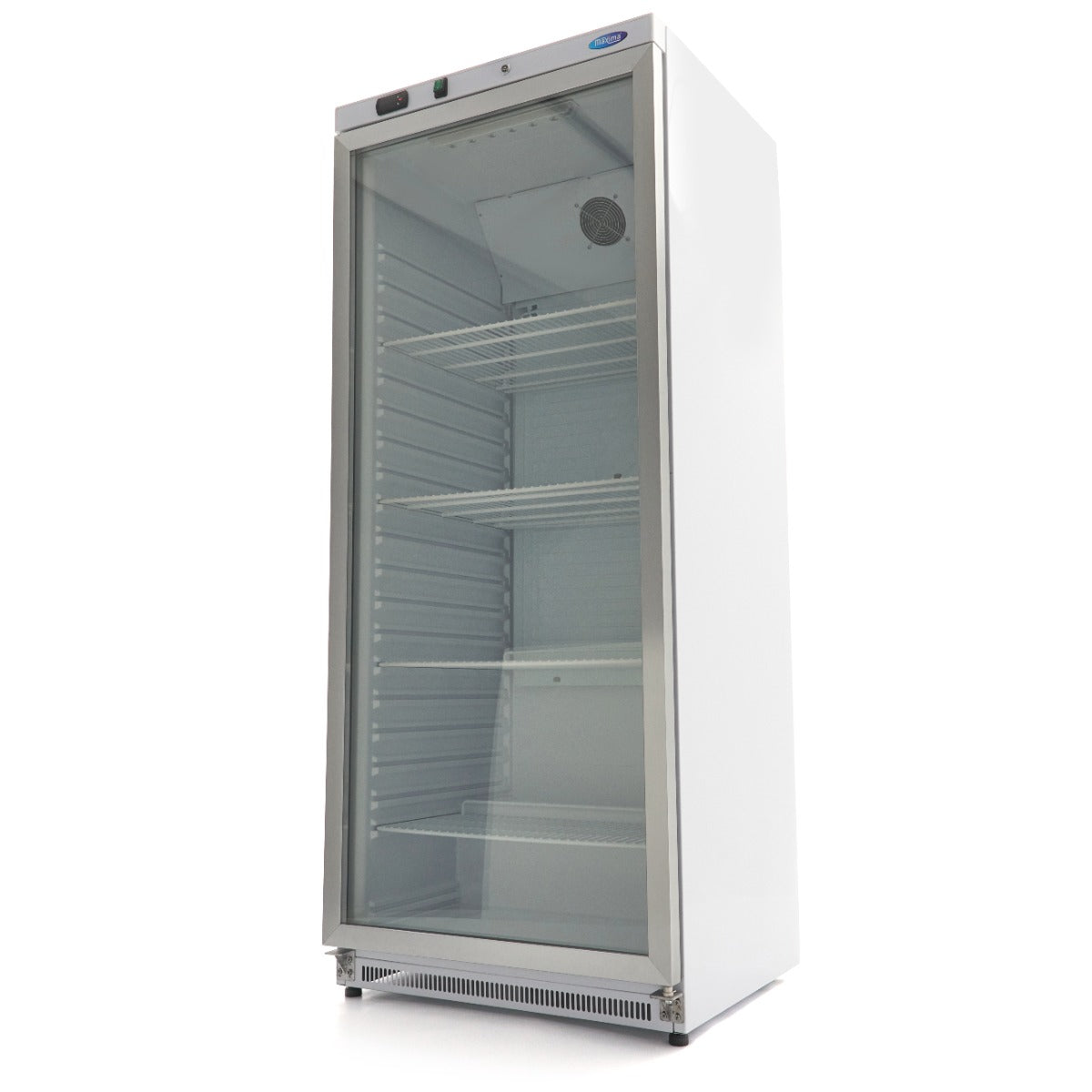 Réfrigérateur Maxima blanc de 600 L avec porte en verre, intérieur visible avec étagères et espace de stockage.
