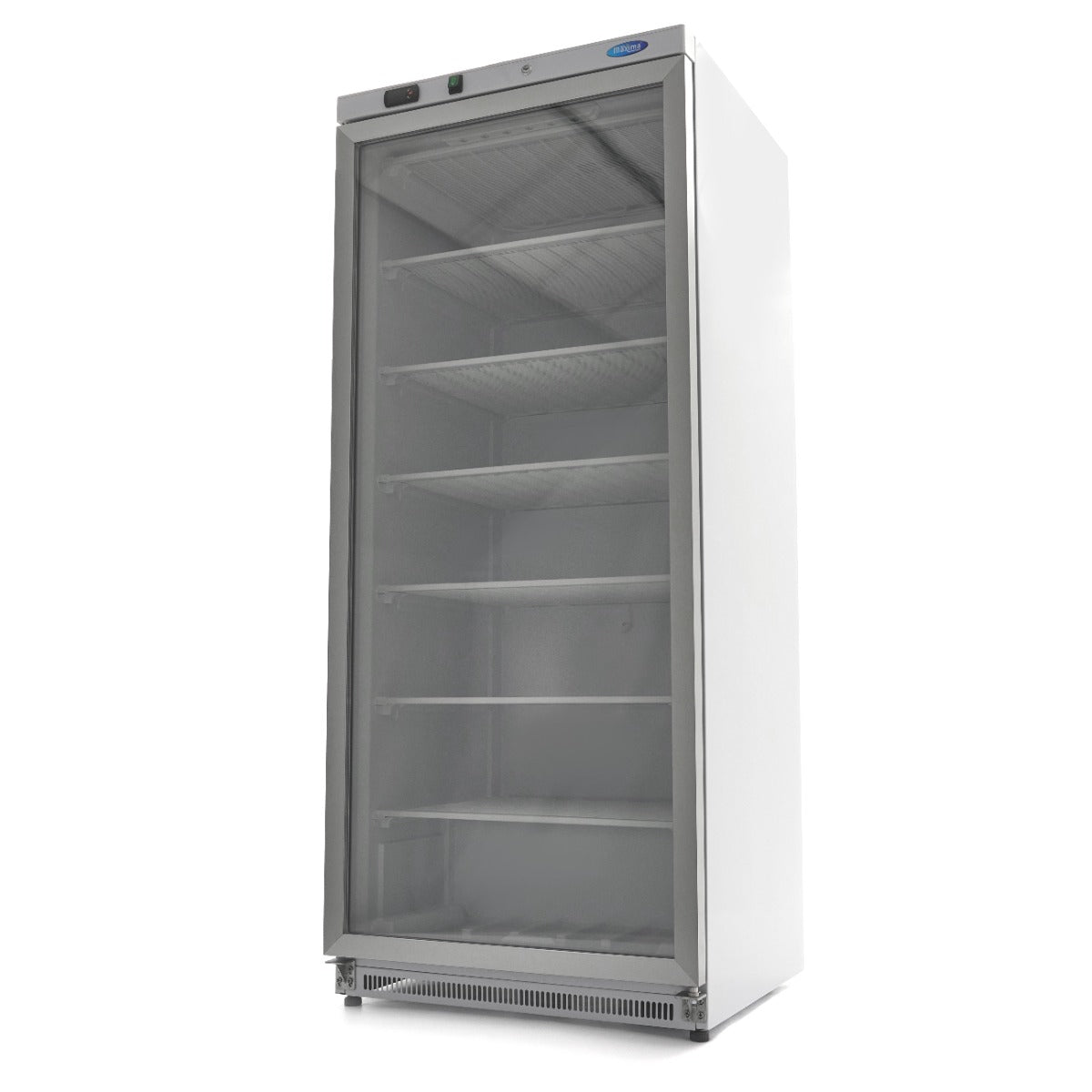 Congélateur professionnel Maxima de 600 L blanc avec porte en verre, affichant l'intérieur vide et espace de stockage.