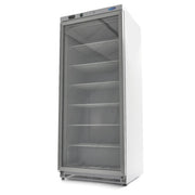 Congélateur professionnel Maxima de 600 L blanc avec porte en verre, affichant l'intérieur vide et espace de stockage.