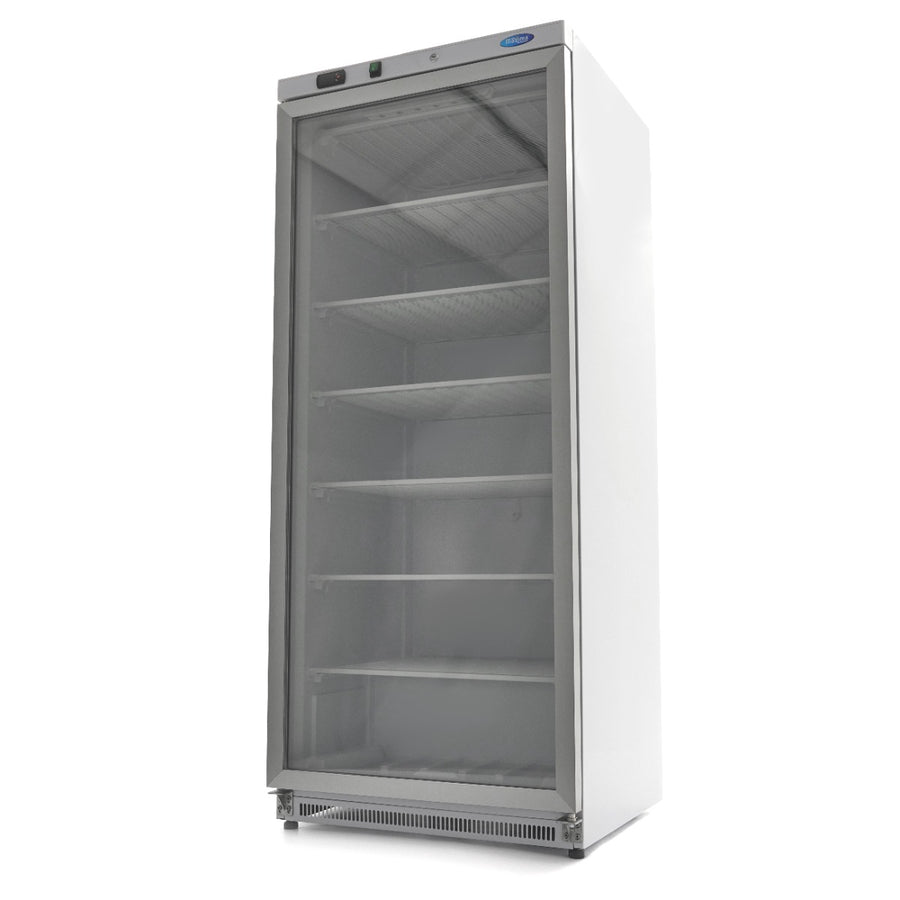 Congélateur professionnel Maxima de 600 L blanc avec porte en verre, affichant l'intérieur vide et espace de stockage.