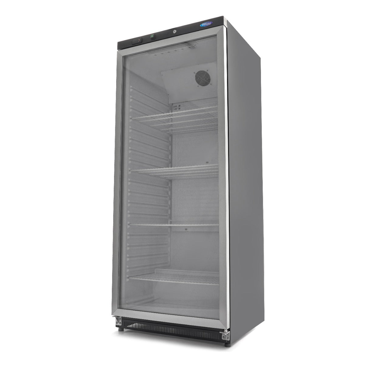 Réfrigérateur Maxima noir de 600 L avec porte en verre, intérieur spacieux et moderne, visible dans l'image.