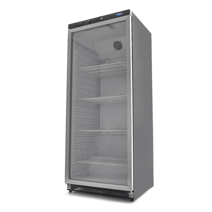 Réfrigérateur Maxima de 600 L noir avec porte en verre, grand espace de stockage et design moderne.
